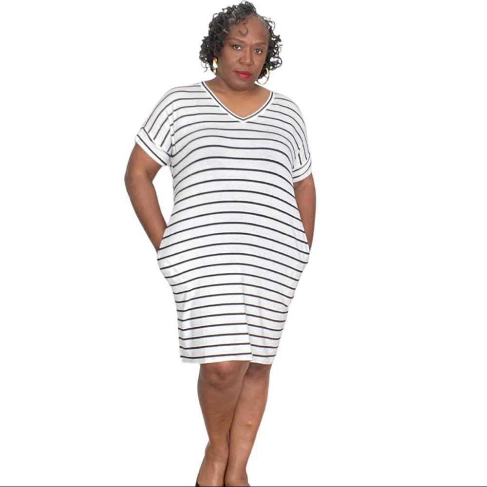 Plus Size Midi Dress Black & White Nautical Stripes 1x, 2x, 3x